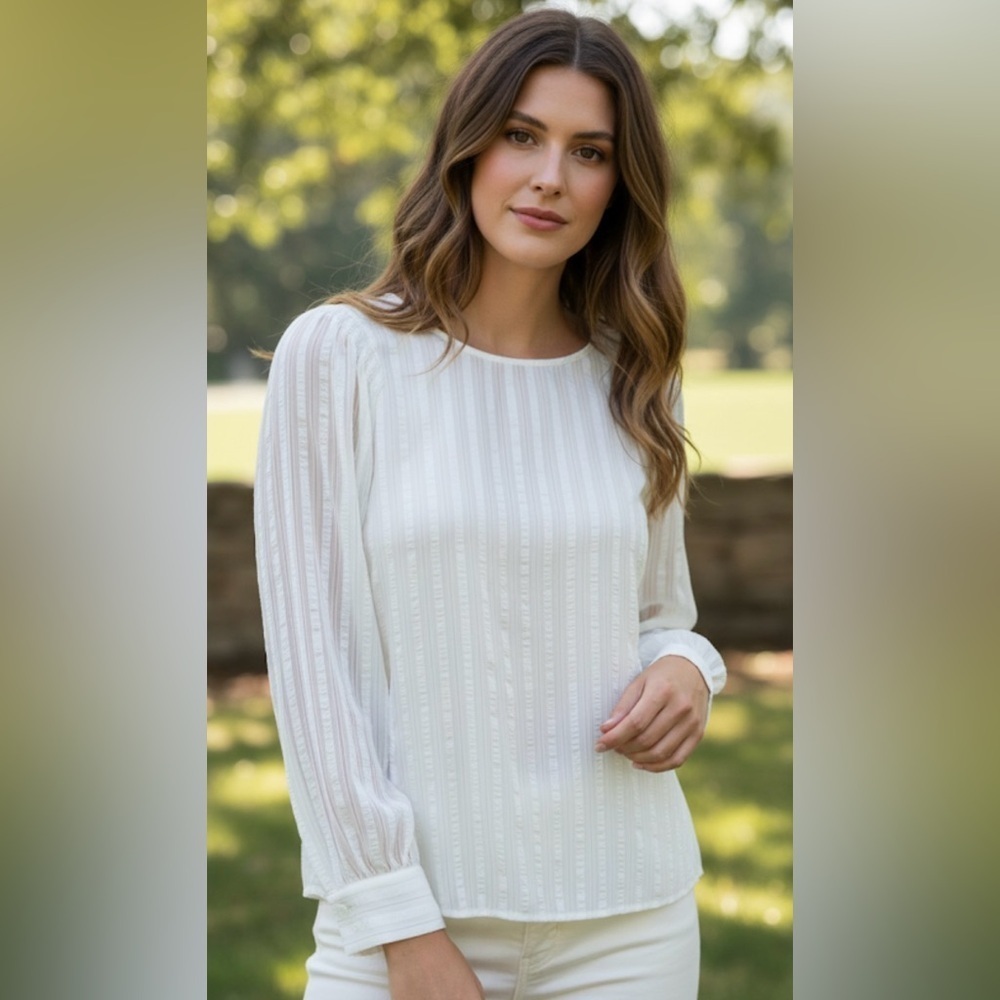 Treasure & Bond Cream Pleated Long Sleeve Blouse